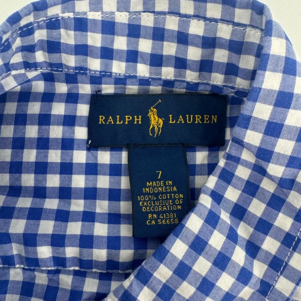 Ralph Lauren Boys Size 7 Blue White Gingham Cotton Button Down Shirt Green Pony